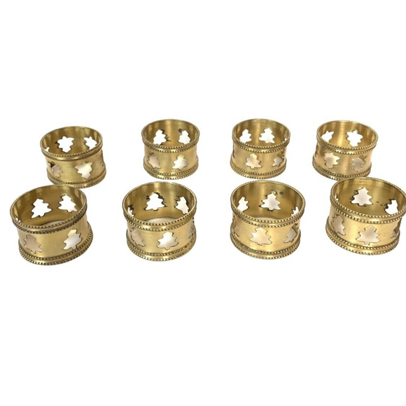 Sold - Vintage Classic Brass Christmas Tree Cut Out Round Napkin Rings Set of 8 - Picture 2 of 12